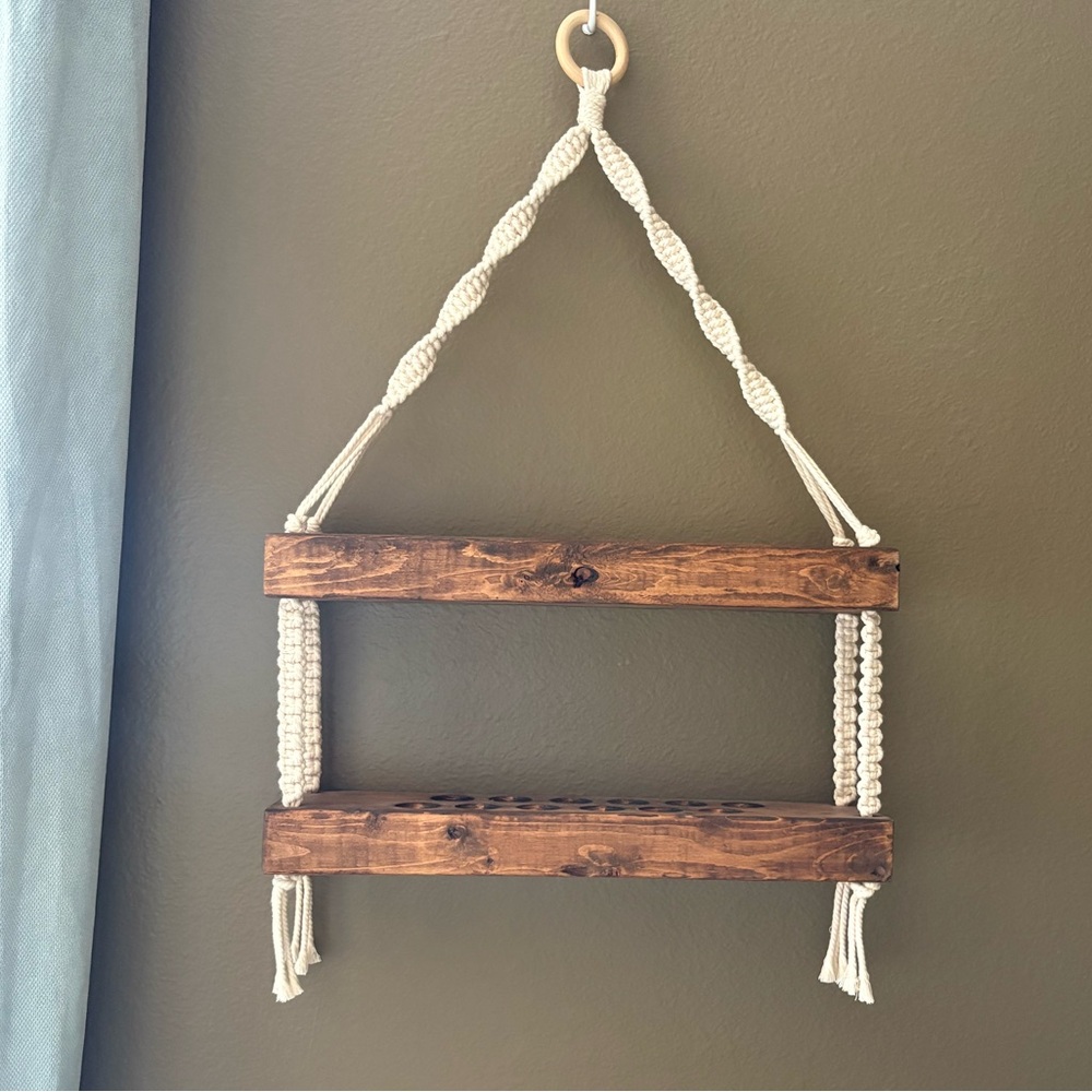 Solid Wood 2-Tier Handmade Custom Essential Oil Hanging Shelf w/ Macrame Details